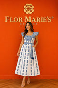 Vestido Midi Cuadros Vichy Azul Bordado Manga Aleta | Flor Marie's Ropa para Mujer en Panamá