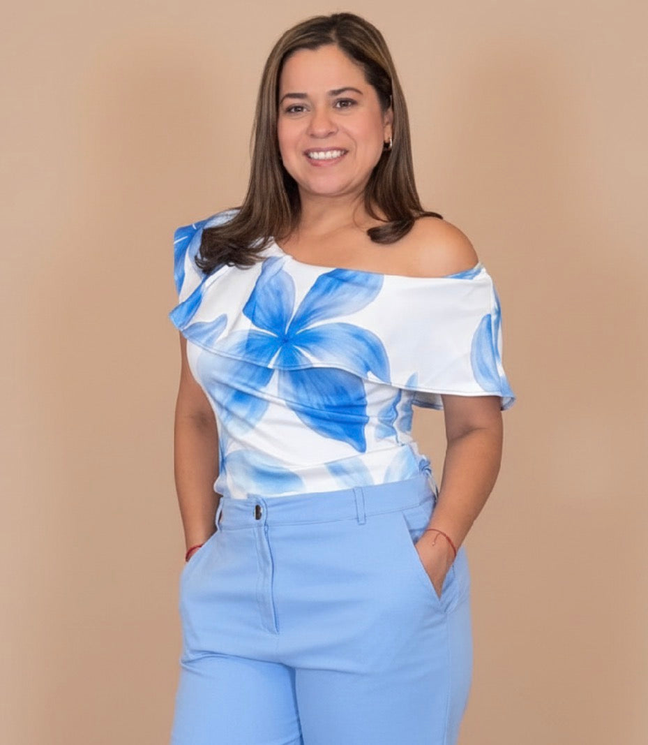 Blusa Floral Azul de Hombro Descubierto para Mujer/ Blusa Elegante y Fresca en Panama