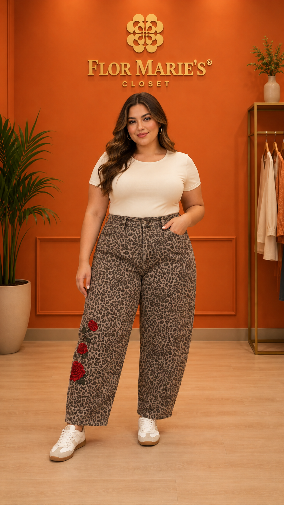 Jean Plus Size Barrel Animal Print con Rosas Rojas Bordadas