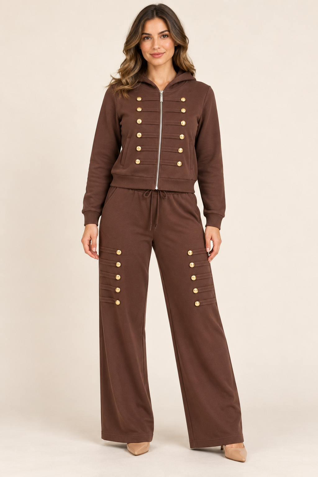 Conjunto Deportivo Elegante moca con Capucha y Botones Dorados