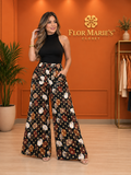 Pantalón Palazzo Negro con Estampado Geométrico y Bolsillos