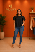 Blusa Negra Elegante para Mujer con Manga Corta Amplia/ Talla Regular
