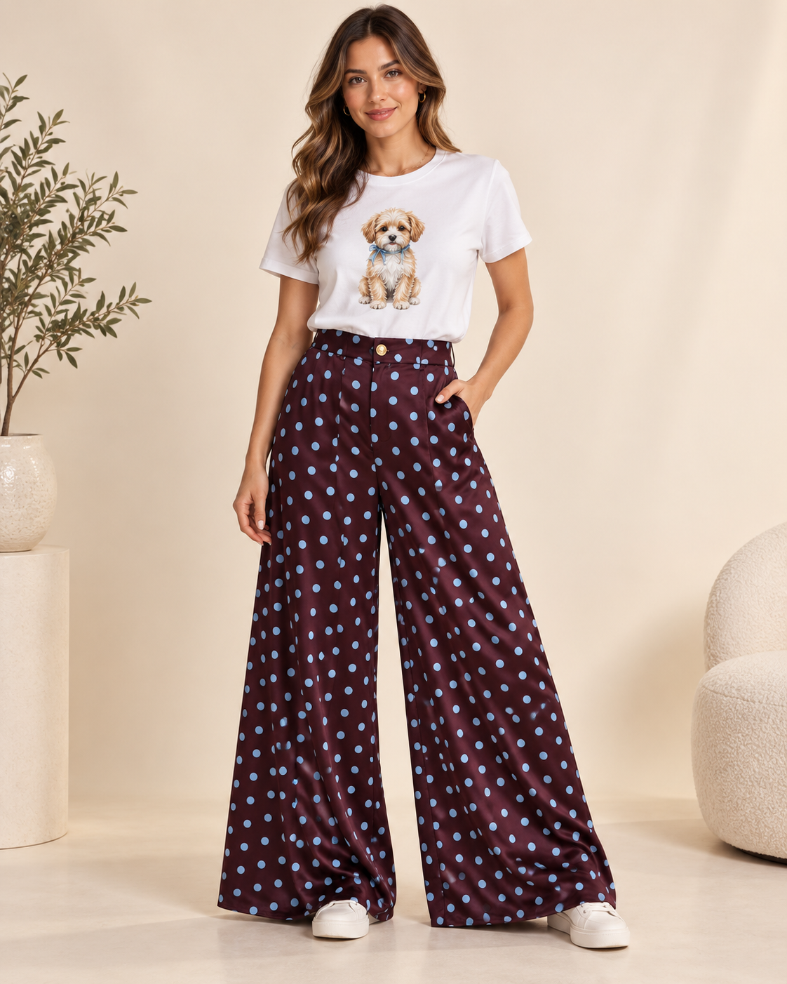 Pantalón Palazzo de Pierna Ancha con Estampado de Lunares