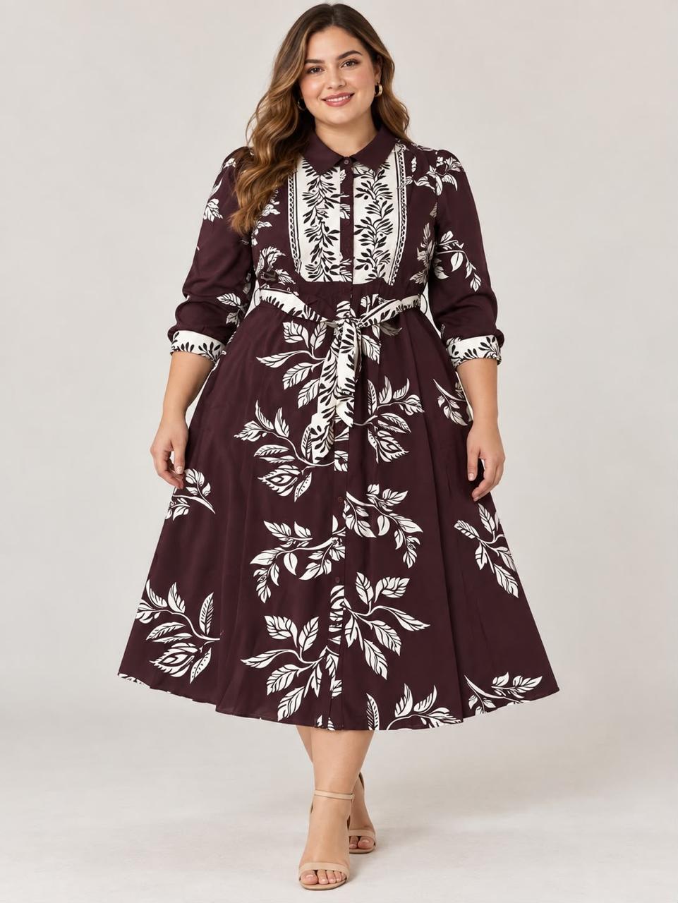 Vestido Plus Size Midi Floral Color Vino con Cinturón