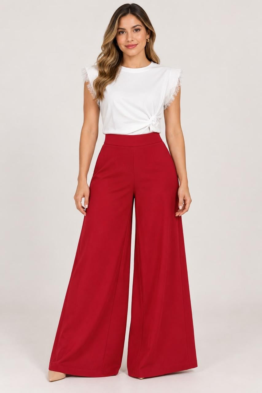 Pantalón Rojo de Cintura Alta y Pierna Ancha para Mujer