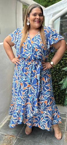 VESTIDO PLUS SIZE AZUL ESTAMPADO NARANJA