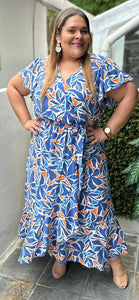 VESTIDO PLUS SIZE AZUL ESTAMPADO NARANJA