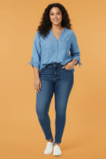 Blusa Chambray Azul Cuello V Bolsillos Talla Plus | Flor Marie's Ropa para Mujer en Panamá