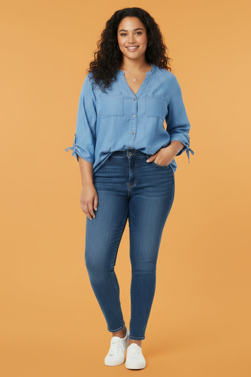 Blusa Chambray Azul Cuello V Bolsillos Talla Plus | Flor Marie's Ropa para Mujer en Panamá