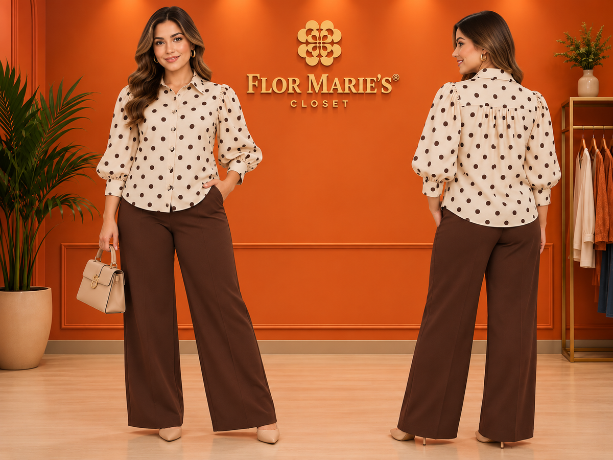 Blusa Beige de Lunares Cafés con Mangas Abullonadas