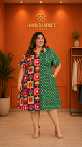 Vestido Plus Size Bicolor con Estampado Geométrico y Lunares