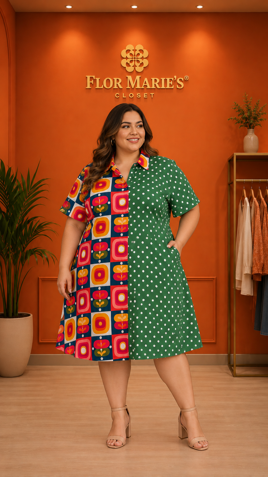 Vestido Plus Size Bicolor con Estampado Geométrico y Lunares