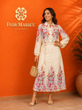 Conjunto Camisa y Falda Midi Floral Beige Elegante Casual para Mujer | Panamá