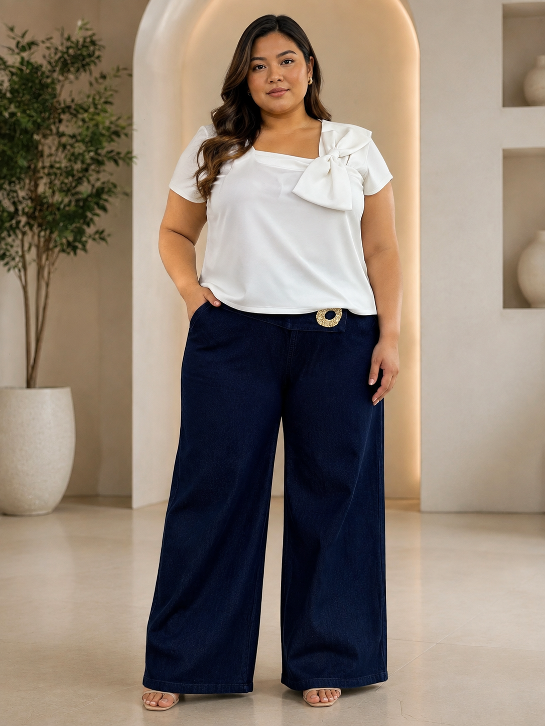 Pantalón Palazzo de Denim Azul Marino con Hebilla Dorada