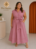 Vestido Midi Rosa a Rayas con Cuello Camisero, Cinturón y Bolsillos – Tallas Plus