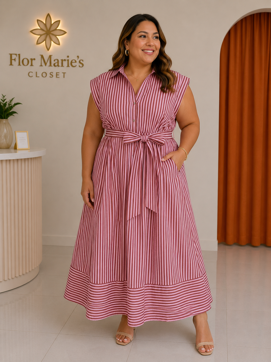 Vestido Midi Rosa a Rayas con Cuello Camisero, Cinturón y Bolsillos – Tallas Plus