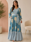 Vestido Largo Verde Menta con Estampado Floral, Cinturón y Bajo a Rayas