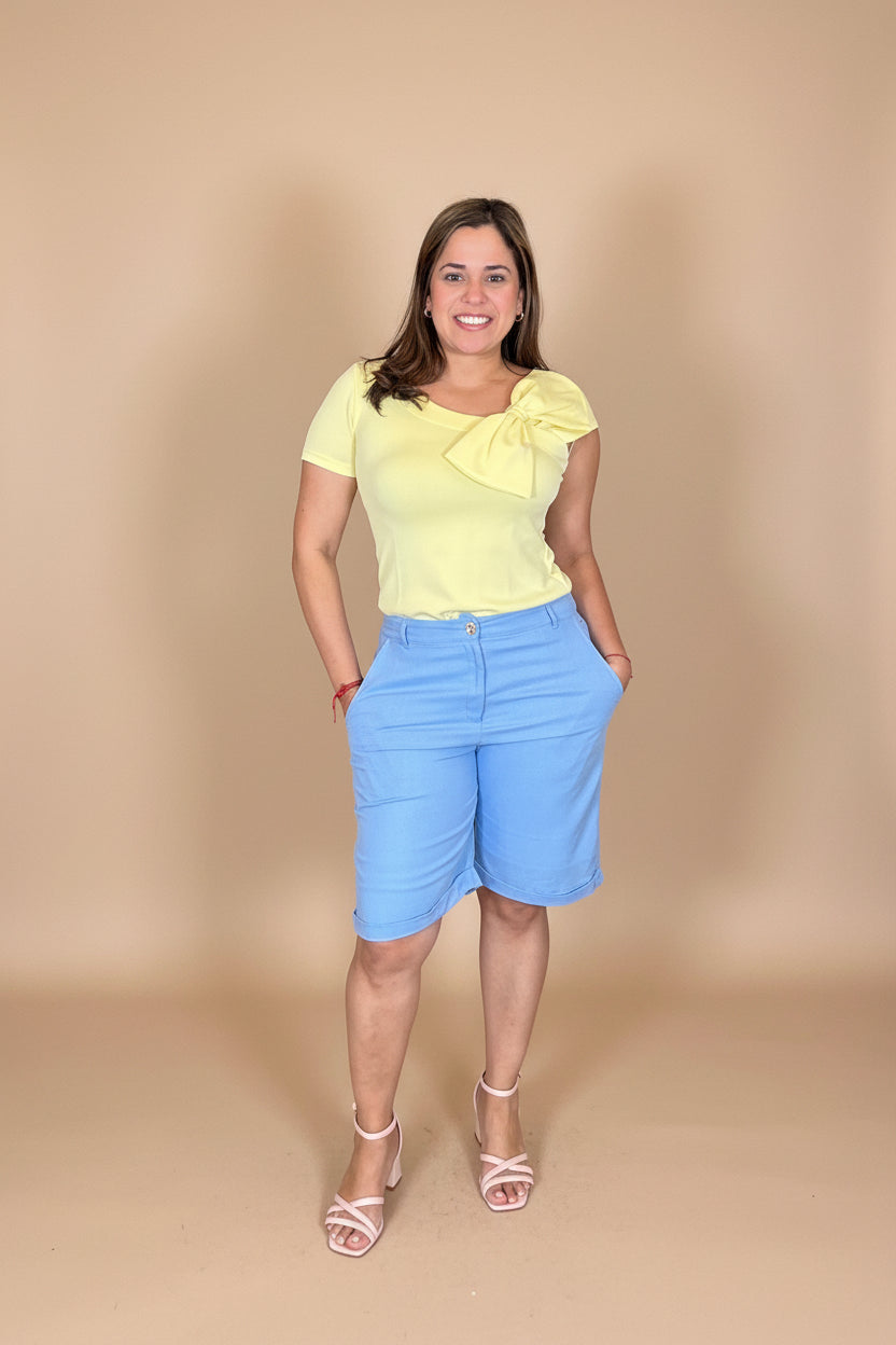 Short Azul Claro Elegante para Mujer en Panamá/Pantalón Corto de Vestir con Pretina Alta