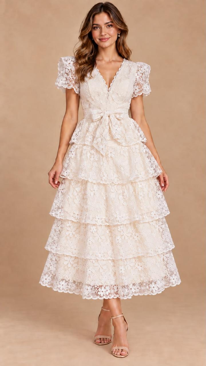Vestido Midi de Encaje Floral Crema con Volantes y Fajón para Mujer