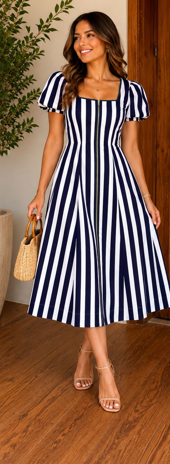 Vestido Midi de Rayas Azul y Blanco para Mujer en Panamá/Vestido elegante Casual