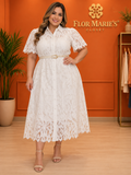 Vestido Camisero Midi de Encaje Blanco con Cinturón