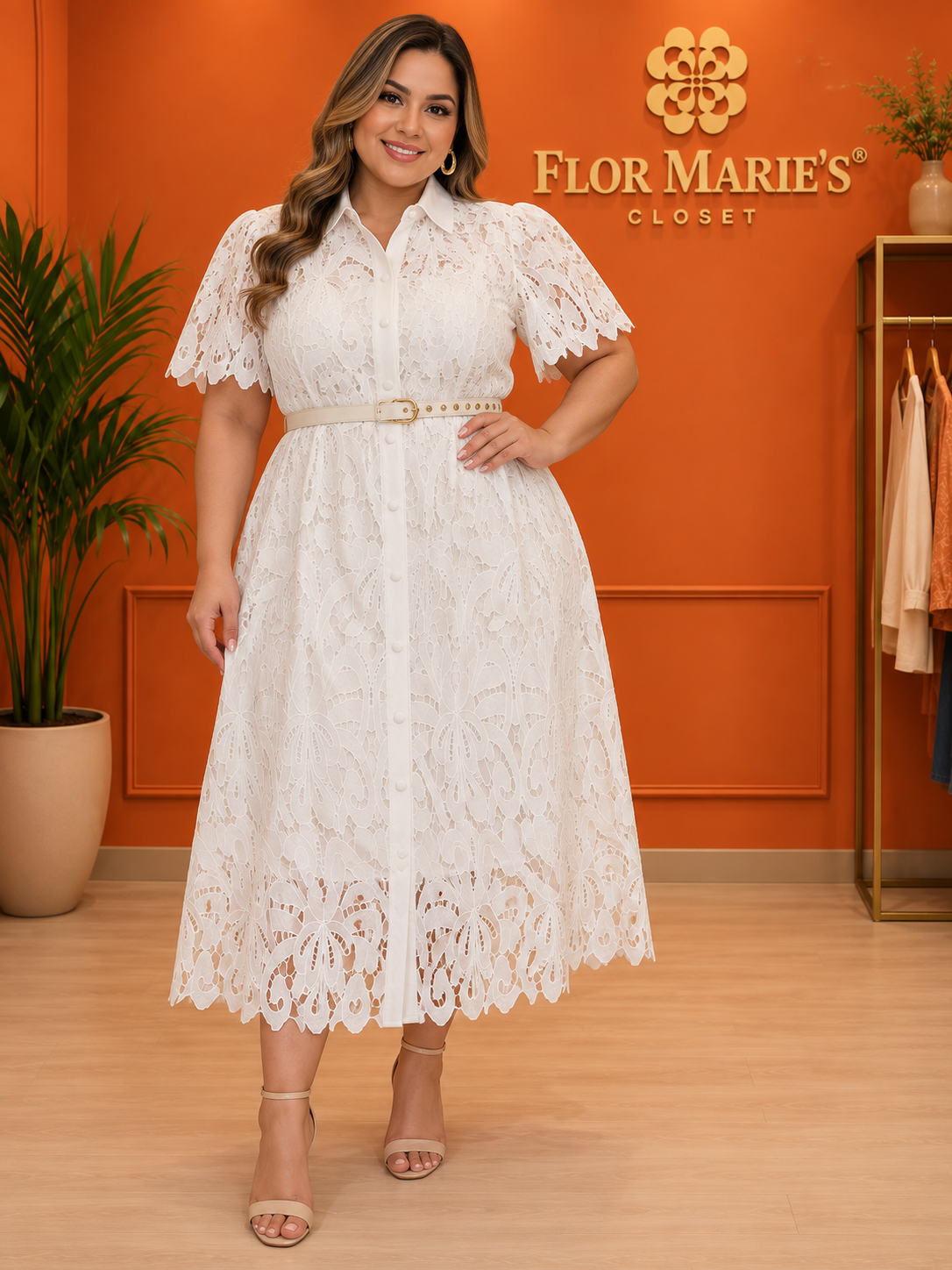 Vestido Camisero Midi de Encaje Blanco con Cinturón