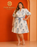 Vestido Plus Size Floral Beige con Cinturón - Manga Abombada/Vestido Talla Grande para Mujer en Panamá