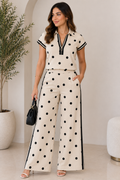 Conjunto de Dos Piezas Beige con Lunares Negros y Detalles en Contraste