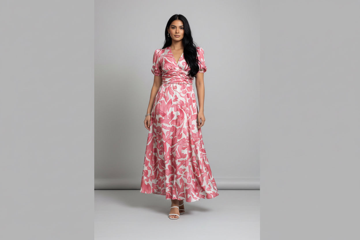 VESTIDO ROSADO CON BLANCO-CORTE FAVORECEDOR