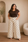 Pantalón Palazzo Plus Size de Lunares Beige y Chocolate/Pantalón Wide Leg Elegante para Mujer Curvy en Panamá
