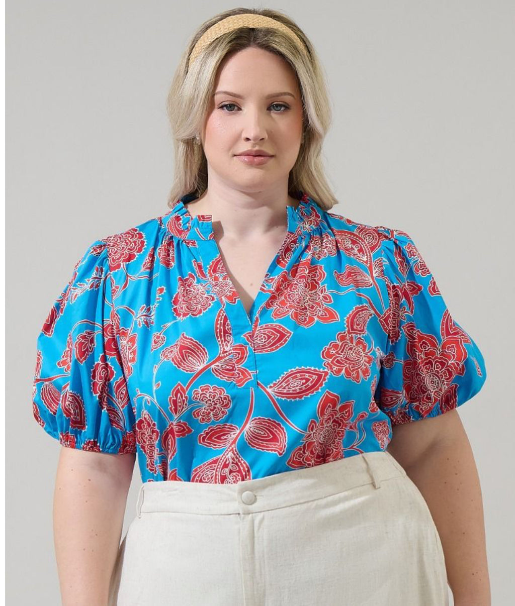 BLUSA PLUS SIZE PAULA AZUL-ROJO