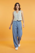 Chaleco Rayado Azul y Amarillo para Mujer | Crop Top Vintage sin Mangas/Ropa para Mujer en Panamá