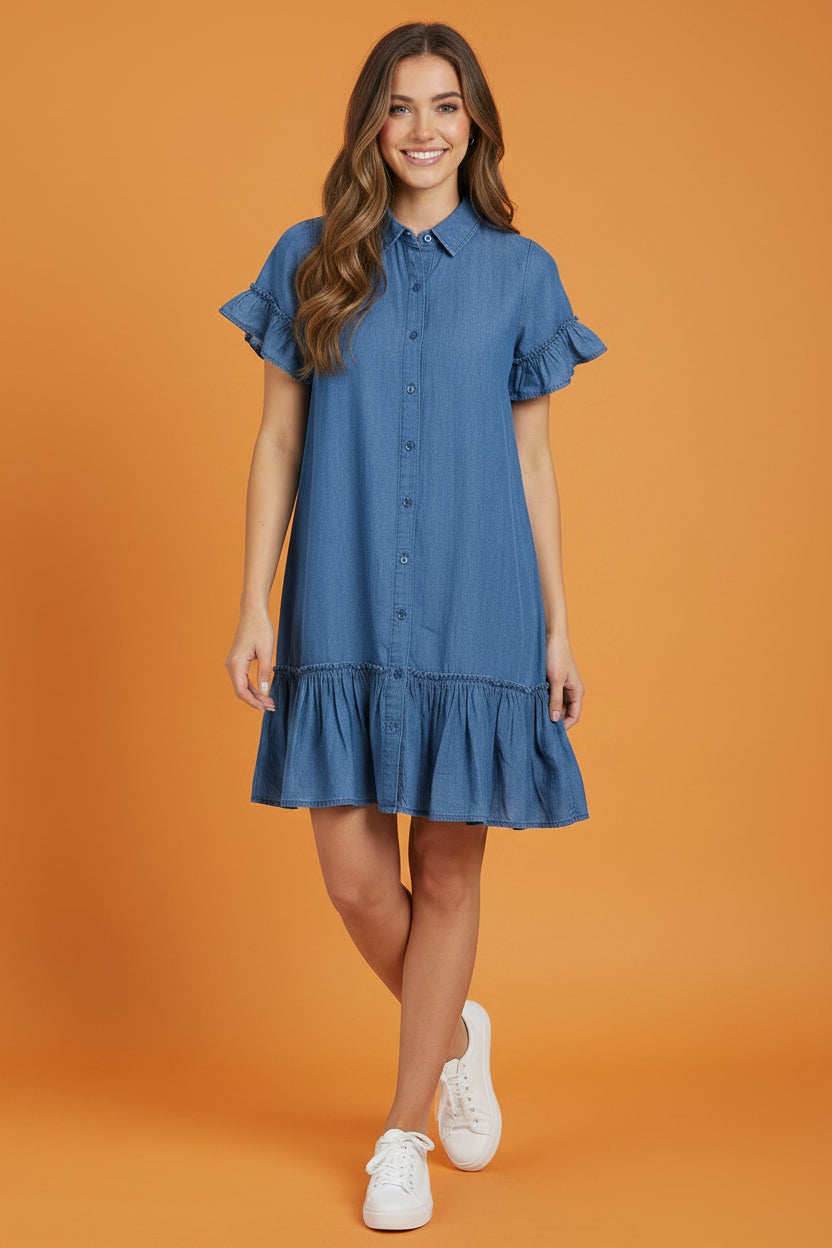 Vestido Corto de Mezclilla con Volantes en Mangas y Ruedo – Denim Casual |Ropa para Mujer en Panamá