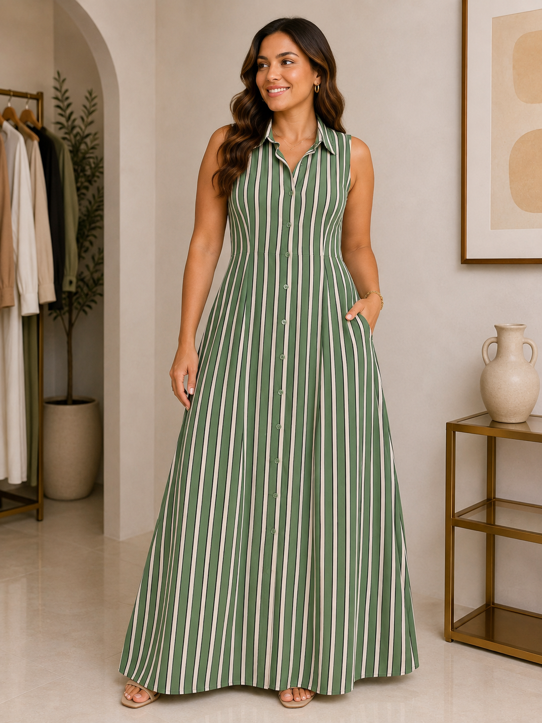 Vestido Camisero Largo Rayas Verde