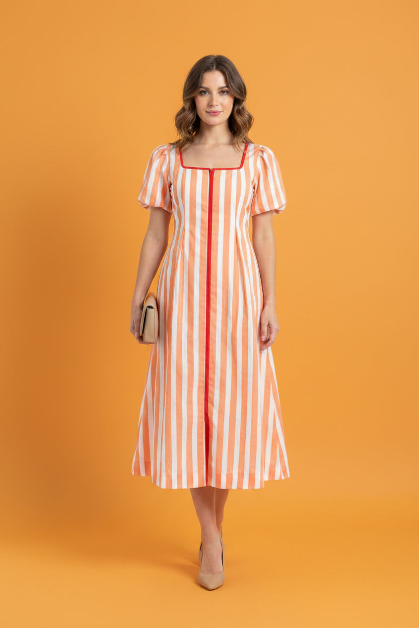 VESTIDO MIDI RAYAS CORAL Y BLANCO PARA MUJER/VESTIDO FRSECO Y CASUAL EN PANAMA