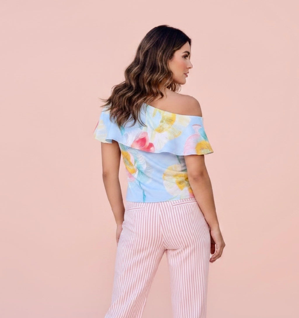 Blusa Estampada Floral de Hombro Descubierto para Mujer/ Blusa Elegante y Fresca en Panama