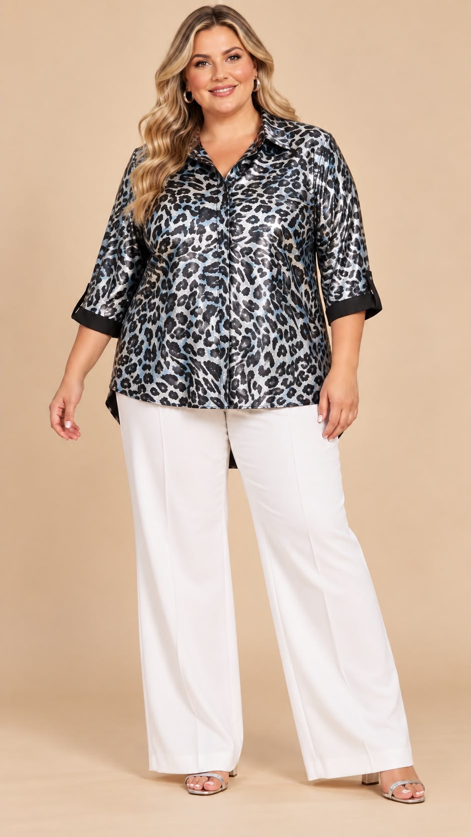 Blusa Plus Size Animal Print Satinada Manga 3/4 para Mujer