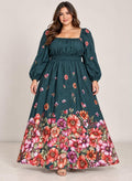 Vestido Plus Size Largo Floral Verde con Manga Larga