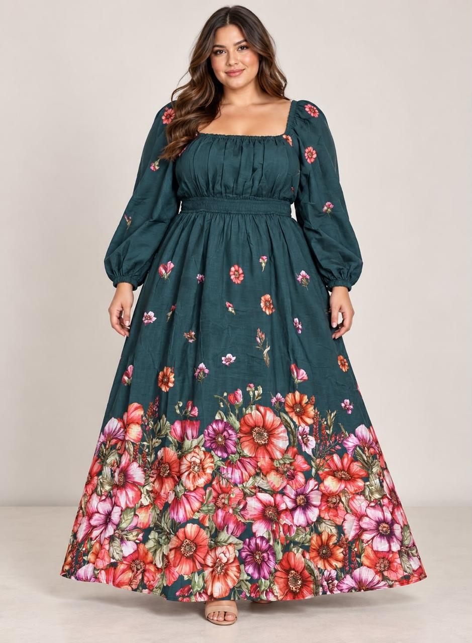 Vestido Plus Size Largo Floral Verde con Manga Larga