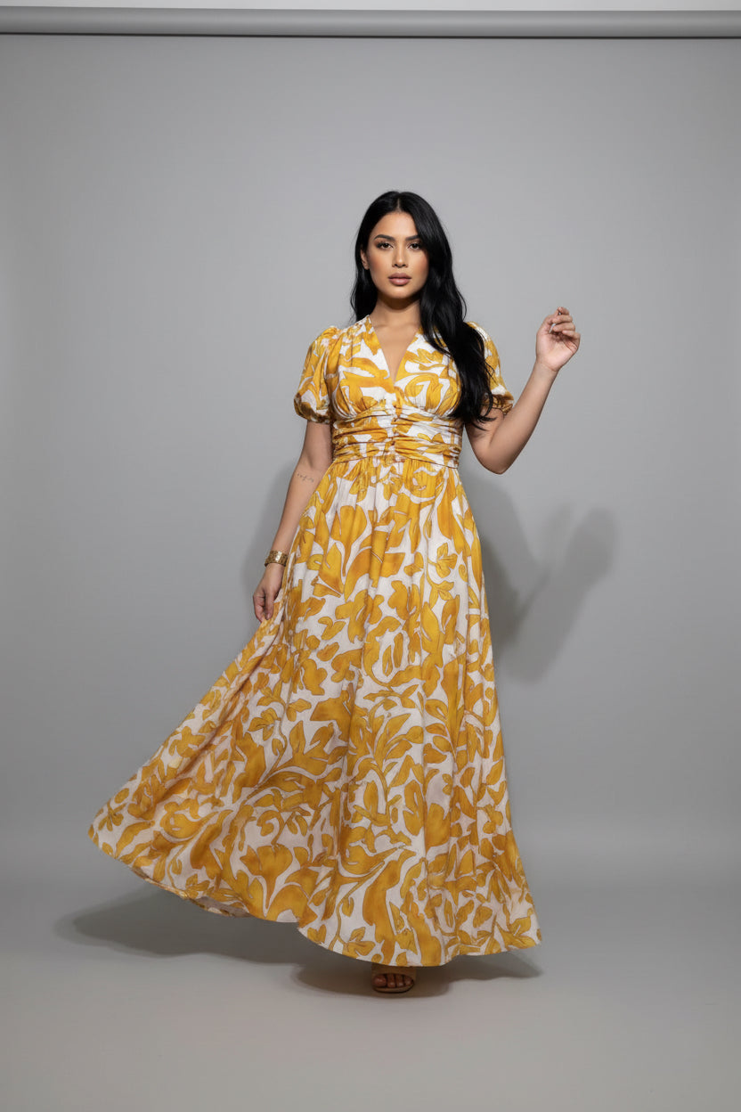 VESTIDO LARGO ELVA ESTAMPADO MOSTAZA- CORTE FAVORECEDOR