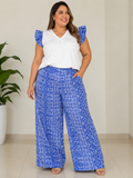 Blusa Blanca Plus Size con Manga Volante Estampada en Azul