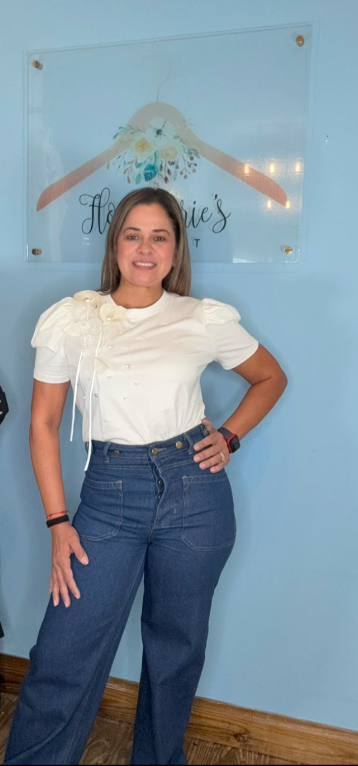 BLUSA BLANCO HUESO FLOR BRILLO