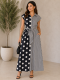 Vestido Midi Bicolor con Lunares, Rayas y Cinturón