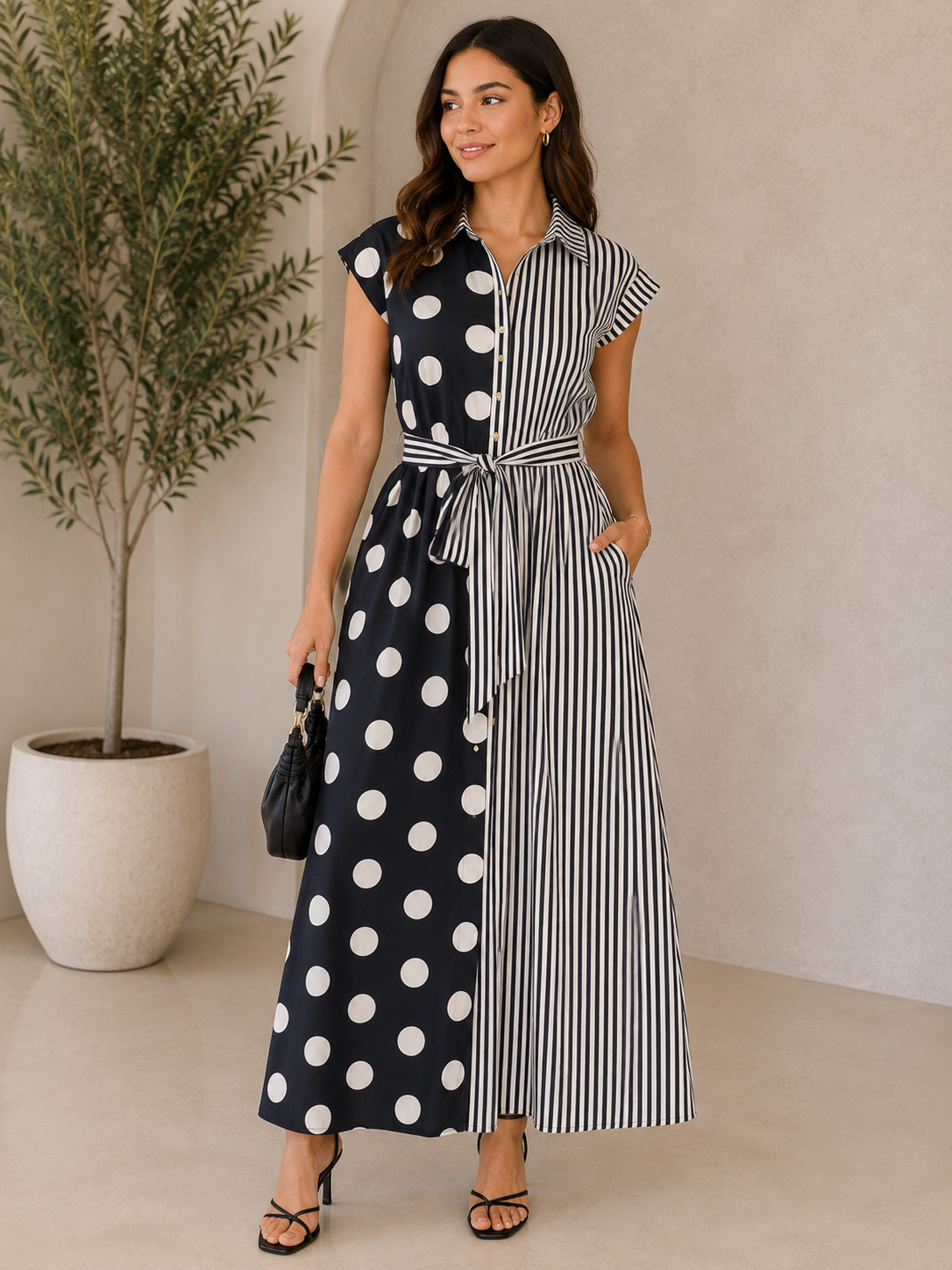 Vestido Midi Bicolor con Lunares, Rayas y Cinturón