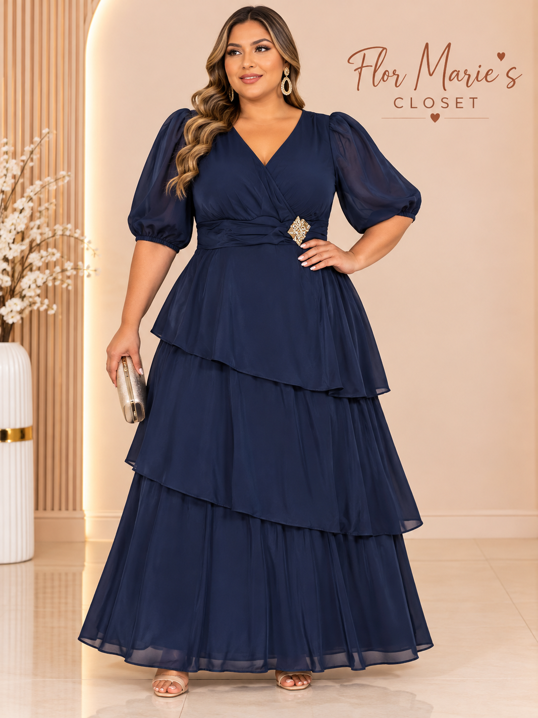 Vestido Azul Plus Size Largo con Broche