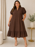 Vestido Café Chocolate de Encaje Calado con Mangas Abullonadas y Bolsillos