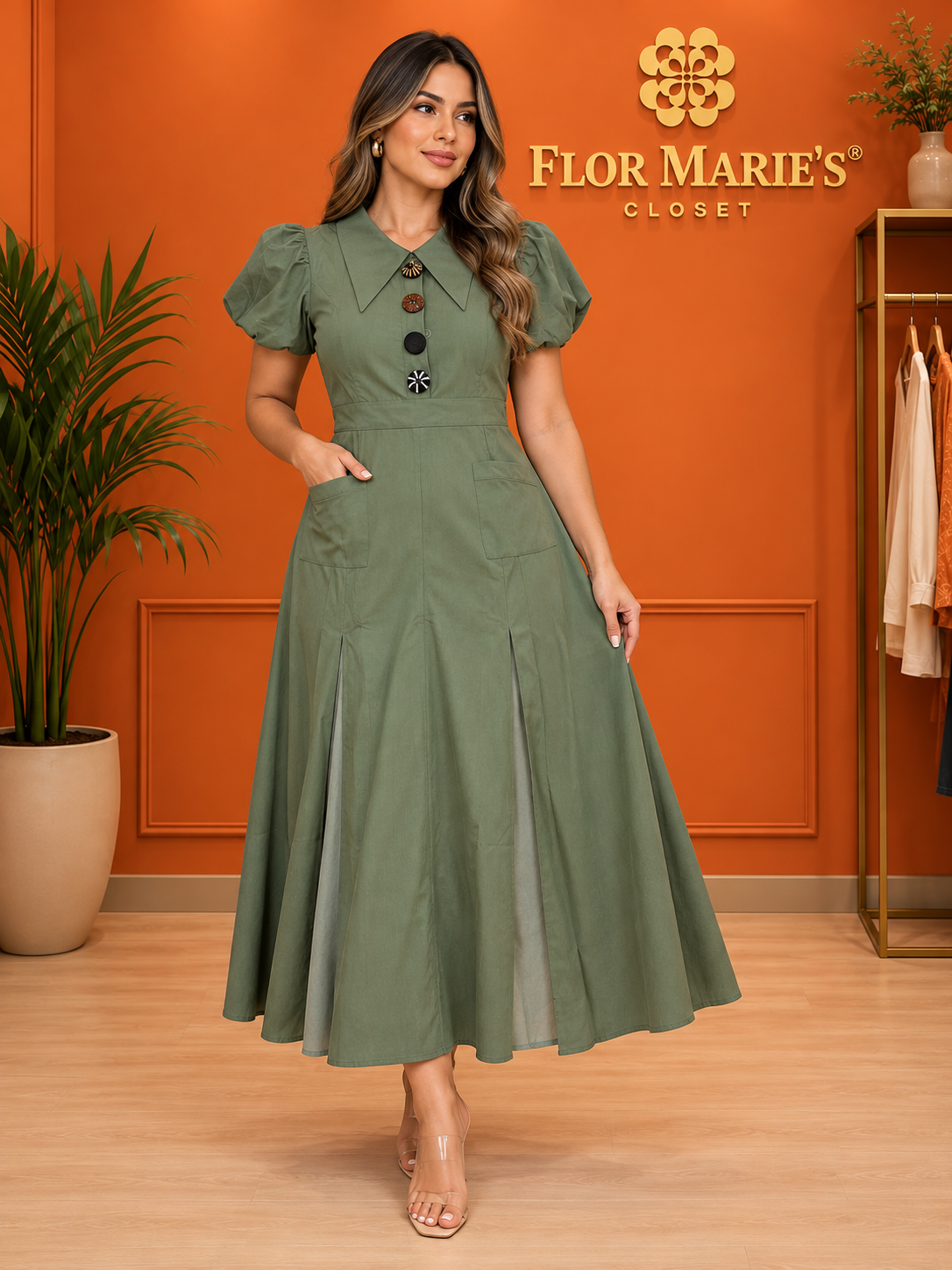 Vestido Midi Verde Oliva con Cuello Peter Pan y Bolsillos