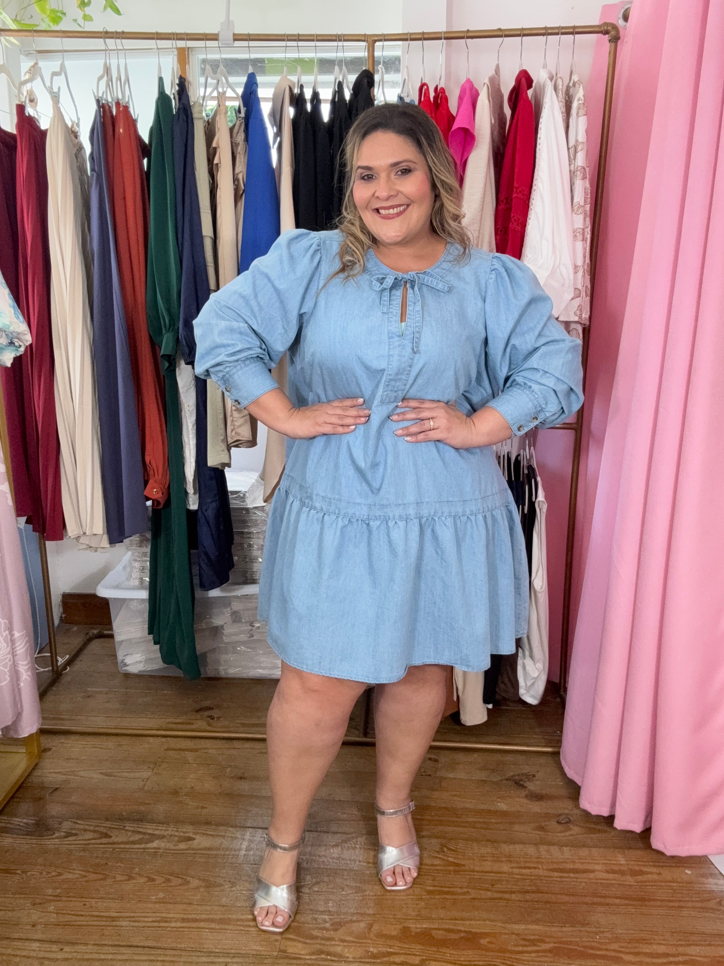 Vestido plus size denim claro midi para mujer | Vestido casual fresco tallas grandes Panamá