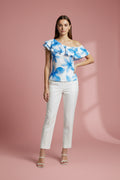 Blusa Floral Azul de Hombro Descubierto para Mujer/ Blusa Elegante y Fresca en Panama