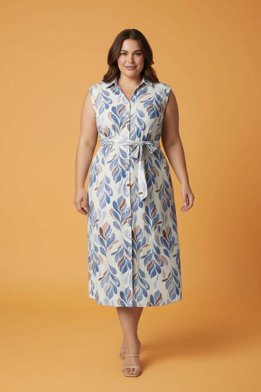 Vestido Plus Size Estampado Hojas Azul y Terracota con Cinturón | Vestido Camisero Talla Plus Size para Mujer en Panamá